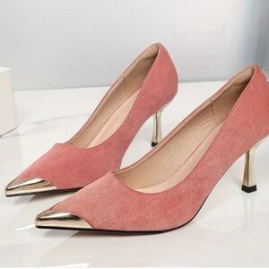 Pink Suede Heels with Gold Accents NWOT